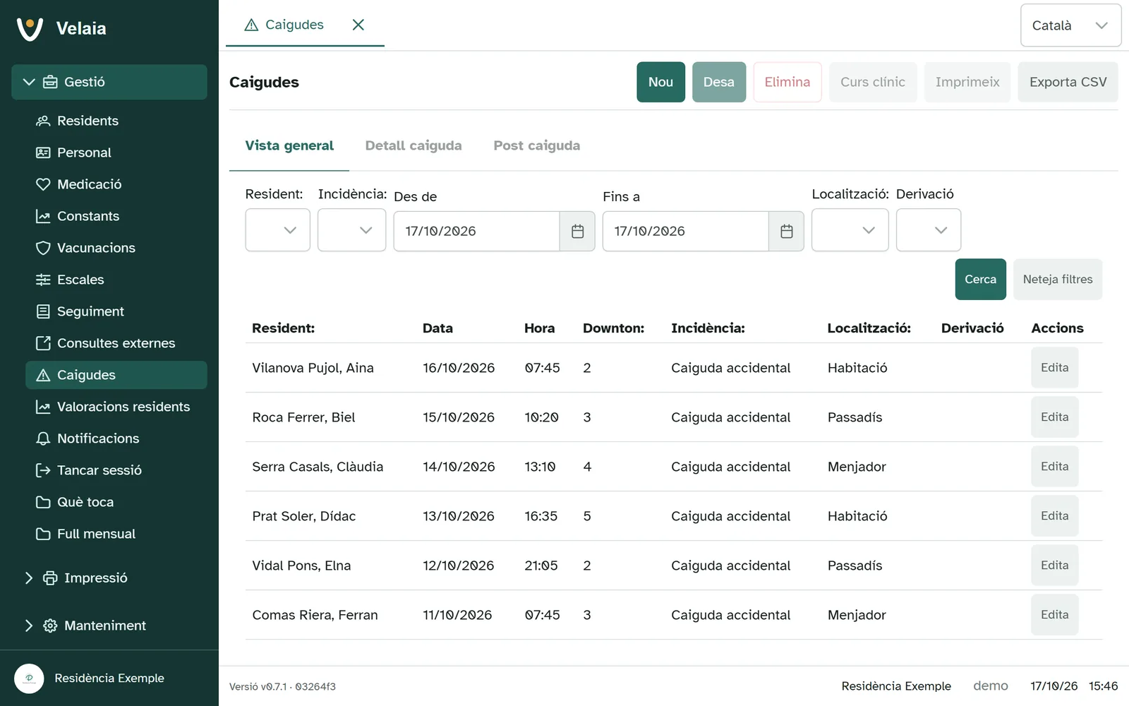 Registre de caigudes de Velaia: Documenta incidències i facilita’n el seguiment.