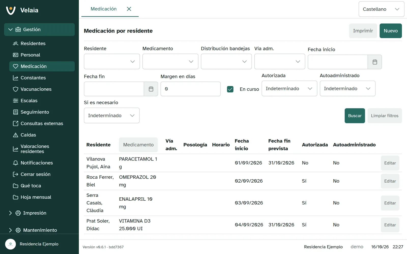 Seguimiento de medicación de Velaia: Revisa y registra la información de medicación.